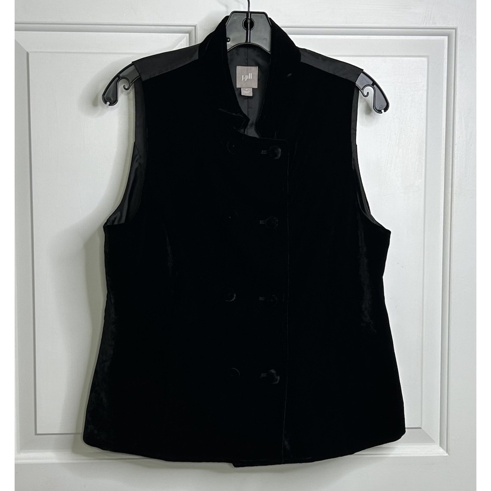 J Jill Vest Black Velour Silk Women's Medium Double Breasted Old Money Gothic